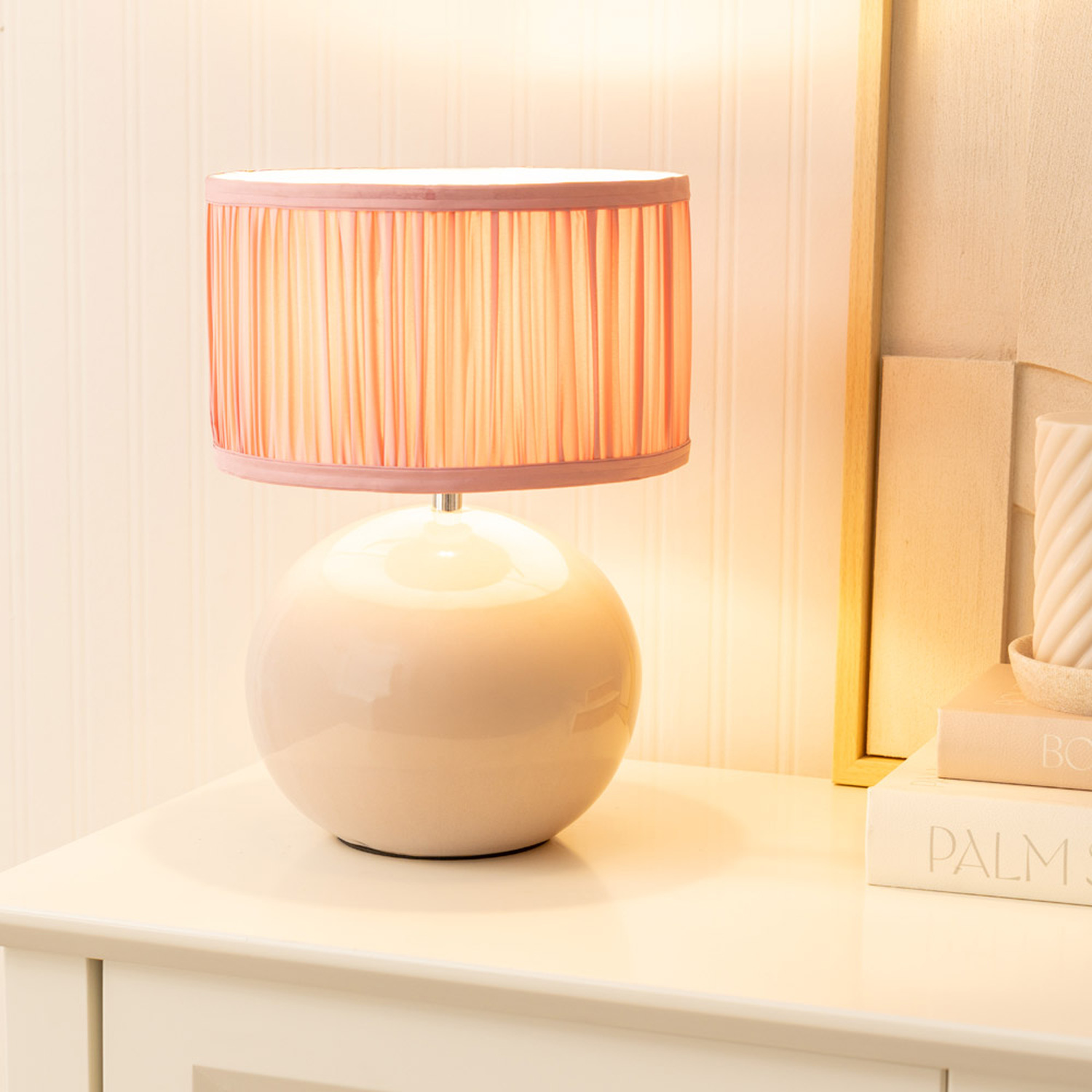 Bosco Stone Ceramic Table Lamp with Ruched Pleated Fabric Drum Lamp Shade - Blush Pink / Bulb Included