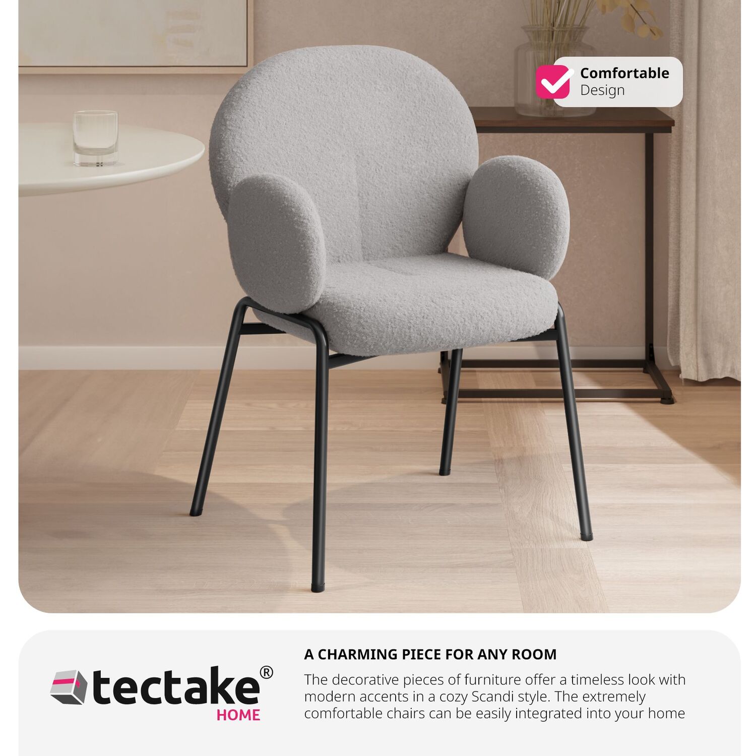 Dining Chair Scandi - Padded Boucle Cover High Backrest - Light Grey 90cm 4