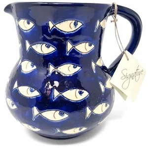 Signature Blue White Fish Hand Painted Ceramic Jug