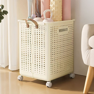 Foldable Plastic Laundry Basket with Wheels and Handles