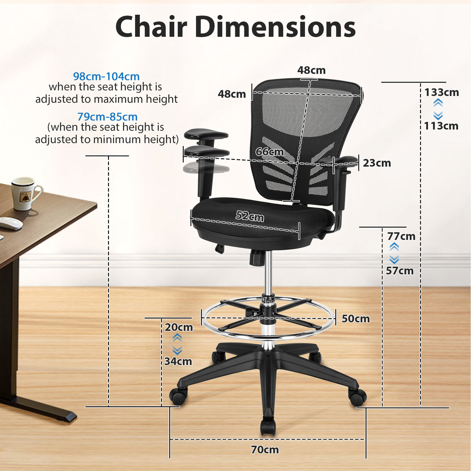 Mesh Drafting Chair With Footrest - Black