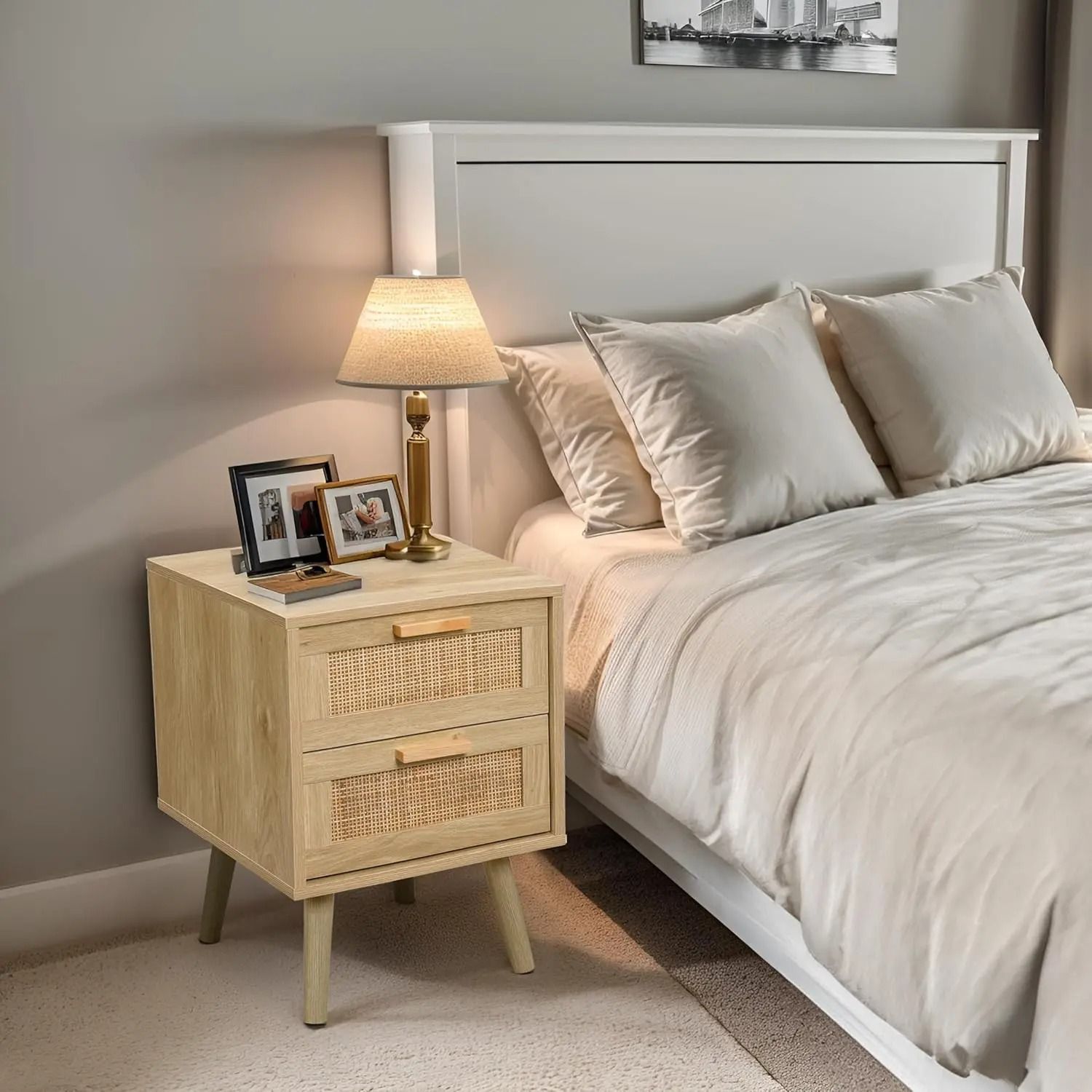 2 Handmade Rattan Bedside Tables With Decorated Drawers - Brown