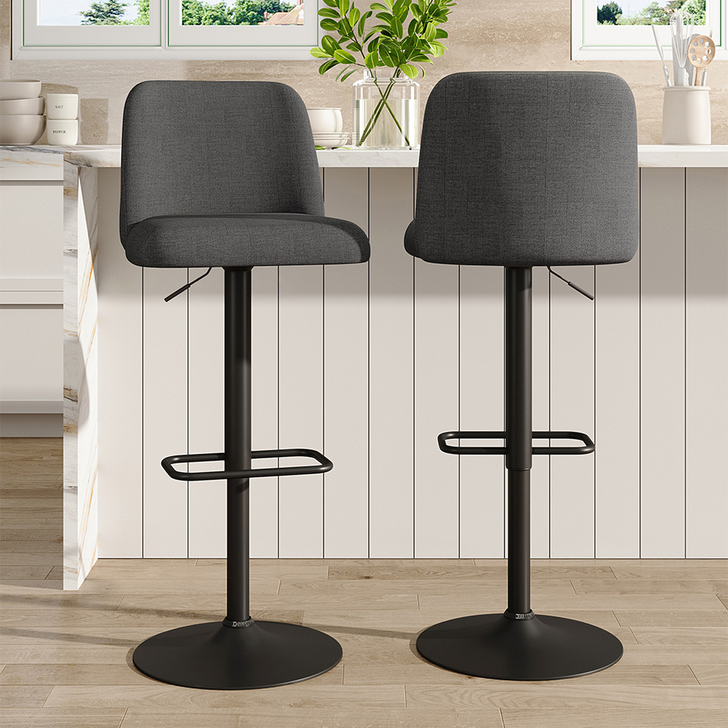Livingandhome Set Of 2 Swivel Linen Counter Bar Stools With Backrest - Grey