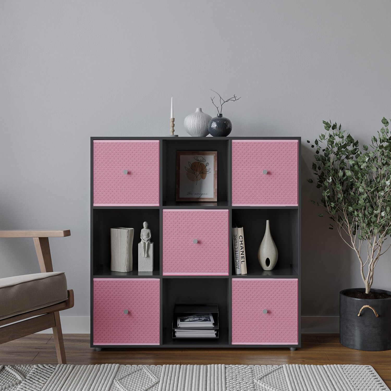 Urbnliving Black 9 Cube Storage Unit With Drawers - Black Pastel Pink