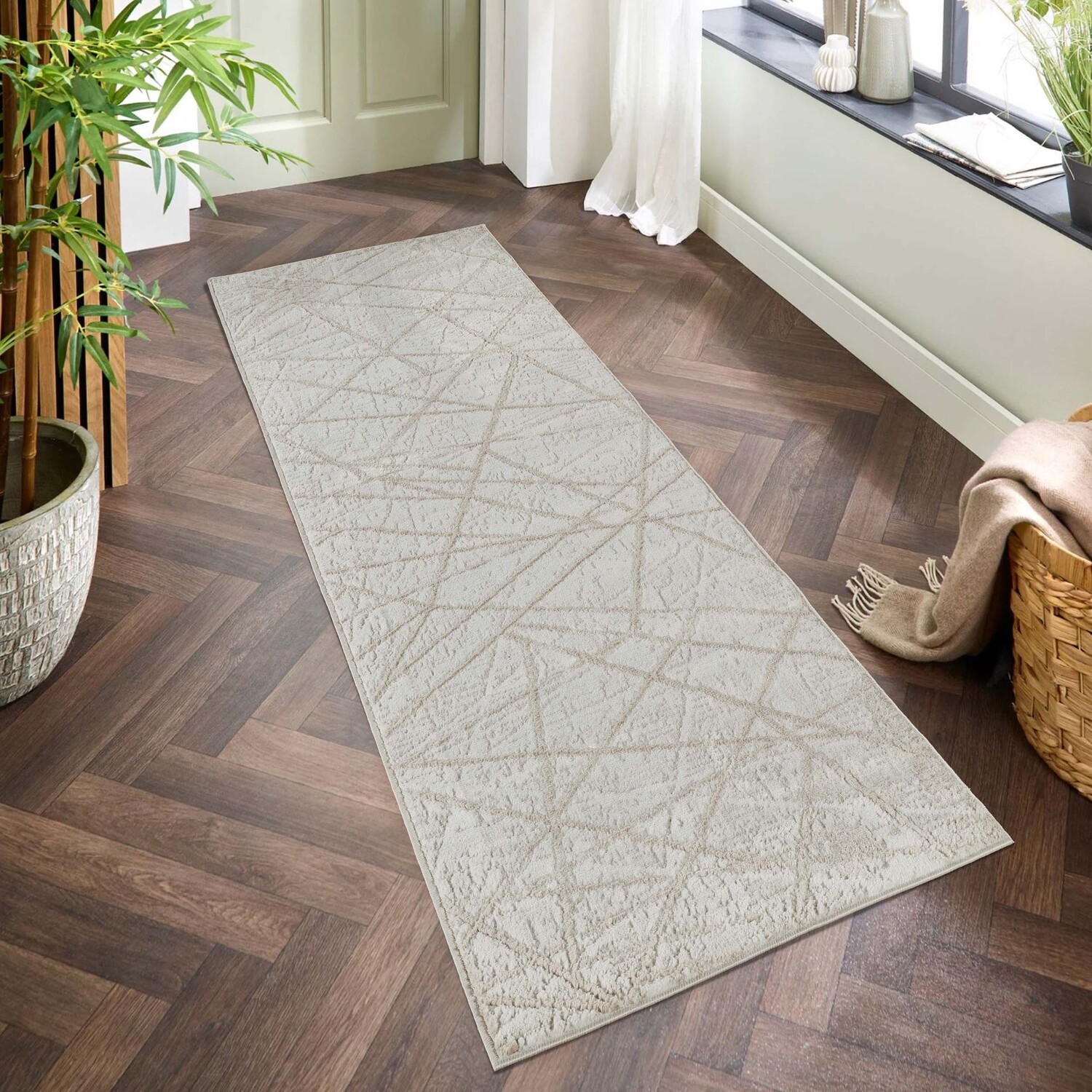 Perla Modern Abstract Linear Living Room Area Rug Metallic Sheen Axis-Beige - Beige / 220cm
