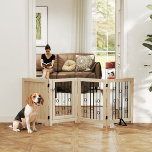 PawHut 4 Panel Freestanding Pet Gate with Lockable Door Support Feet