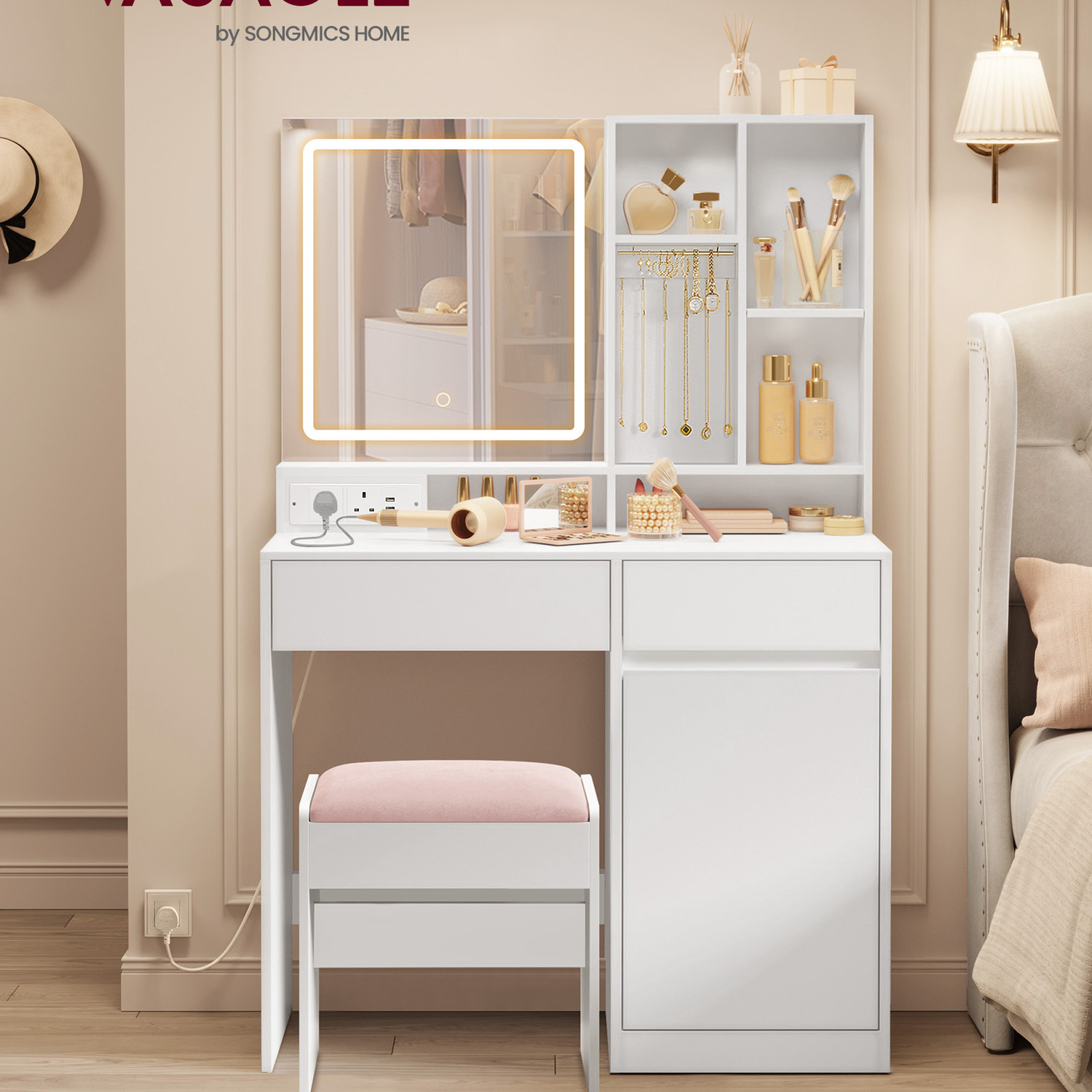 Modern Vanity Desk Dressing Table With Mirror And Lights - White