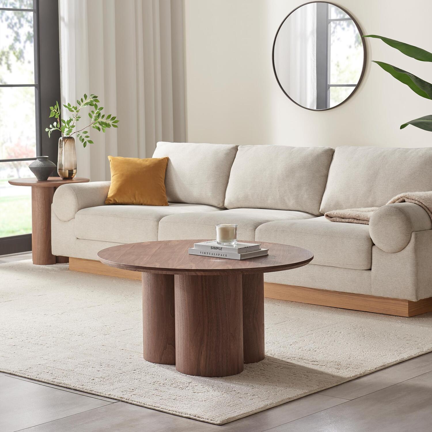Sutton Round Walnut Veneer Wood Coffee Table - Brown