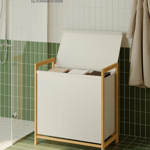 3-Compartment Laundry Basket, Dirty Laundry Hamper, Bamboo Frame