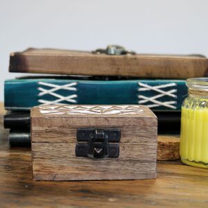 White Washed Wooden Box Pill Box Aztec Design