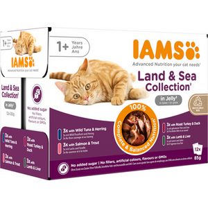 Pack of 12 Iams Delights Land and Sea Collection in Jelly Pouches