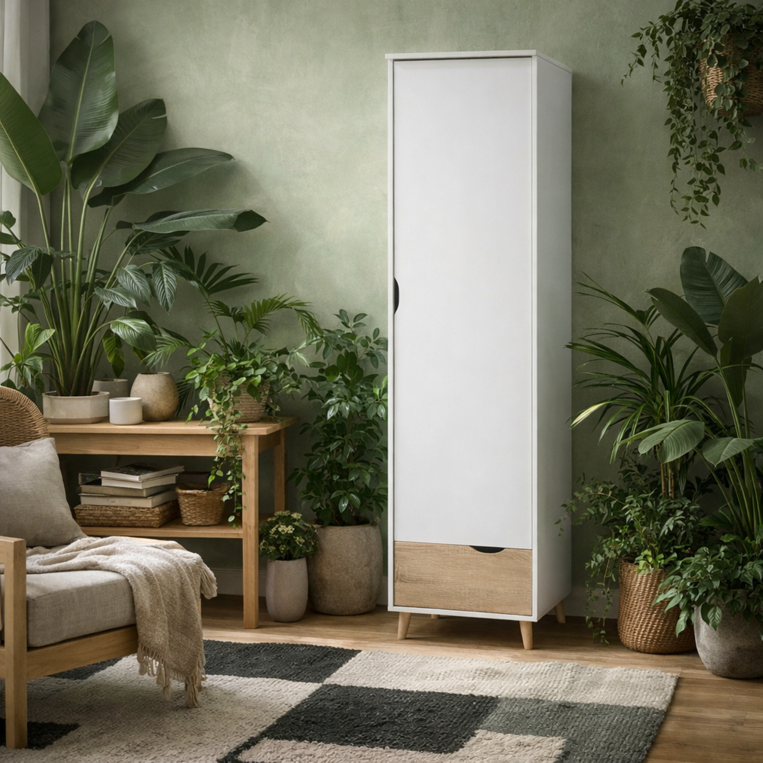 Skerries 1-Door Wardrobe, Matt White with Natural Oak Drawer - White