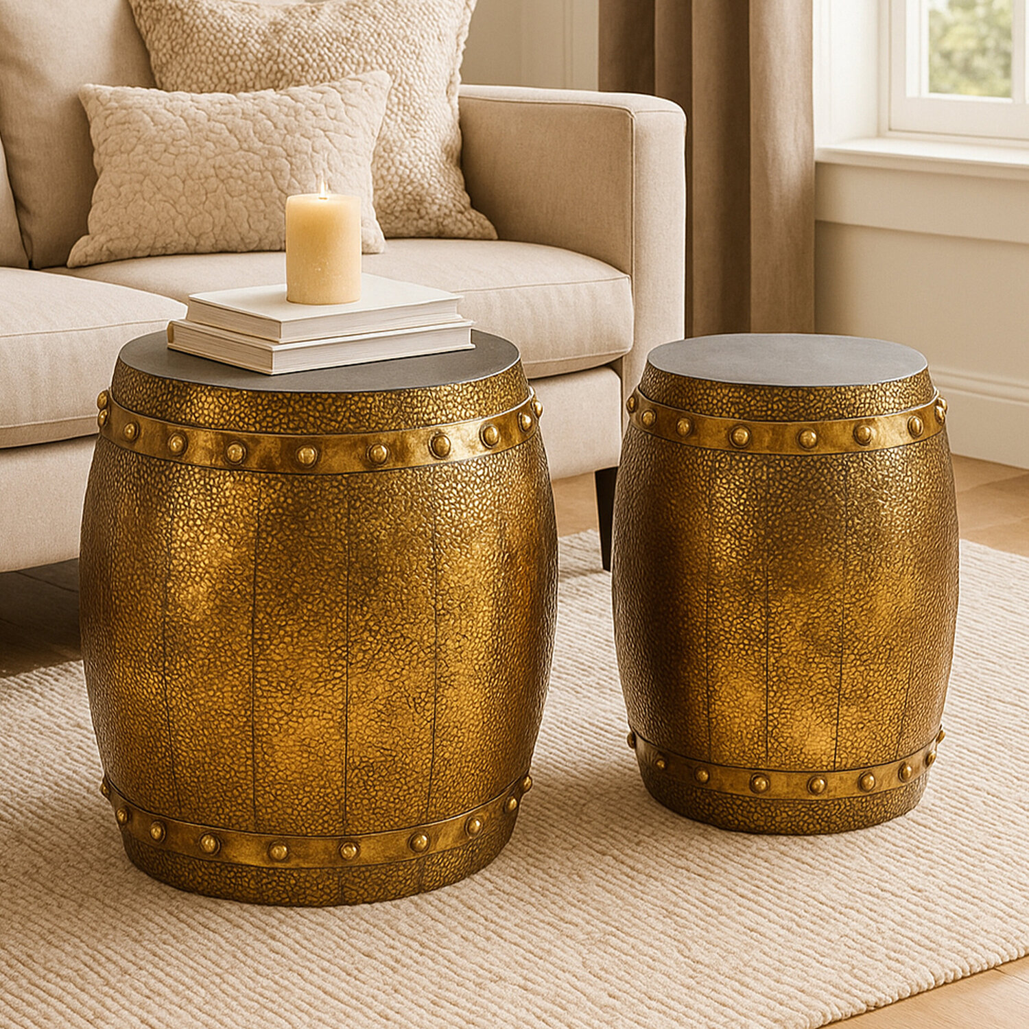 Reza Set of 2 Hammered Drum Stools and Tables - Gold