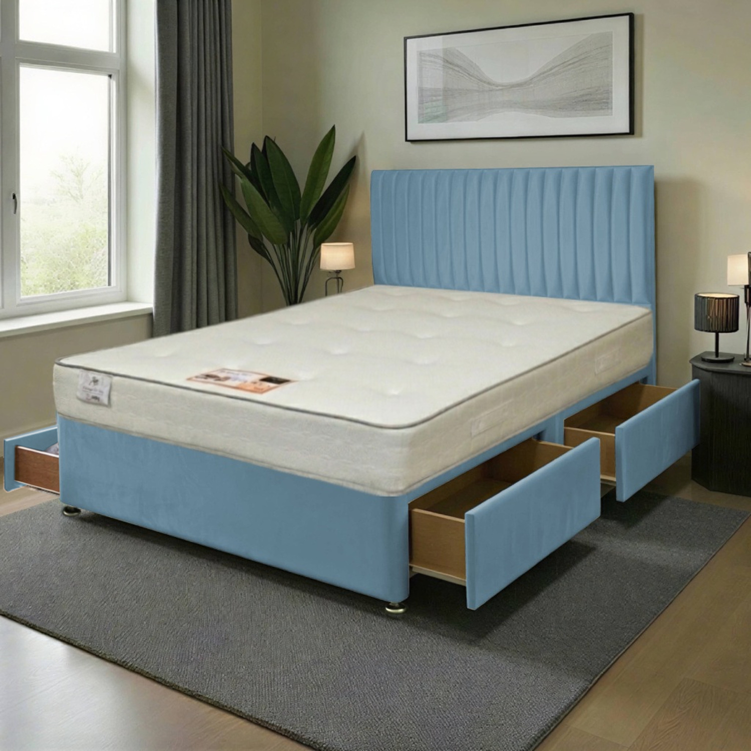Emily Plush Bed Set With Princess Mattress And Floorstanding Headboard - Sky Blue Small Double