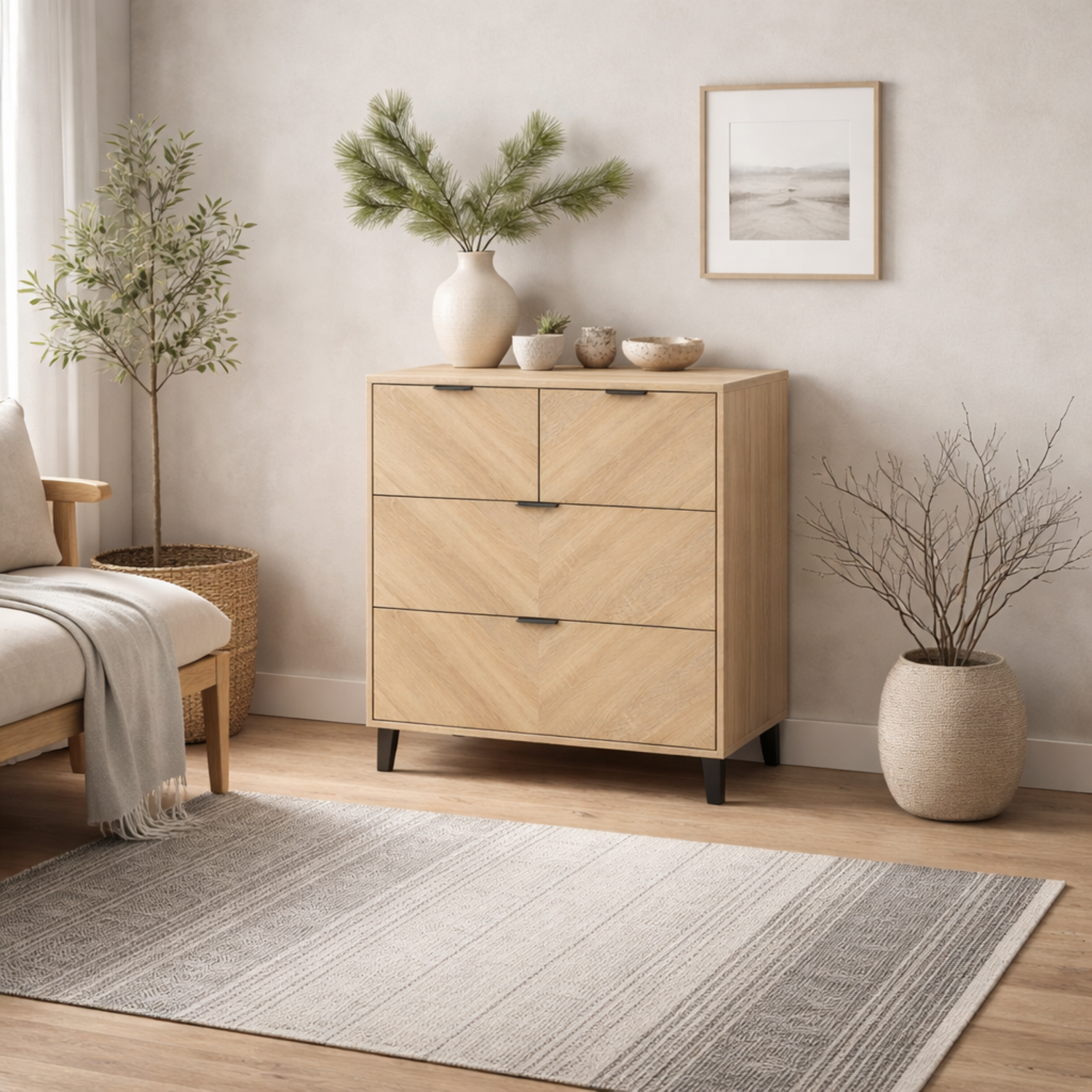 Skerries Chevron 4 Drawer Chest Matt with Details - Natural