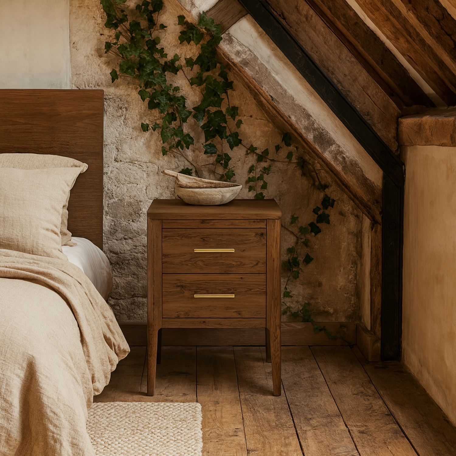 Modena Bedside Table in Stained with 2 Brass Handled Drawers - Brown