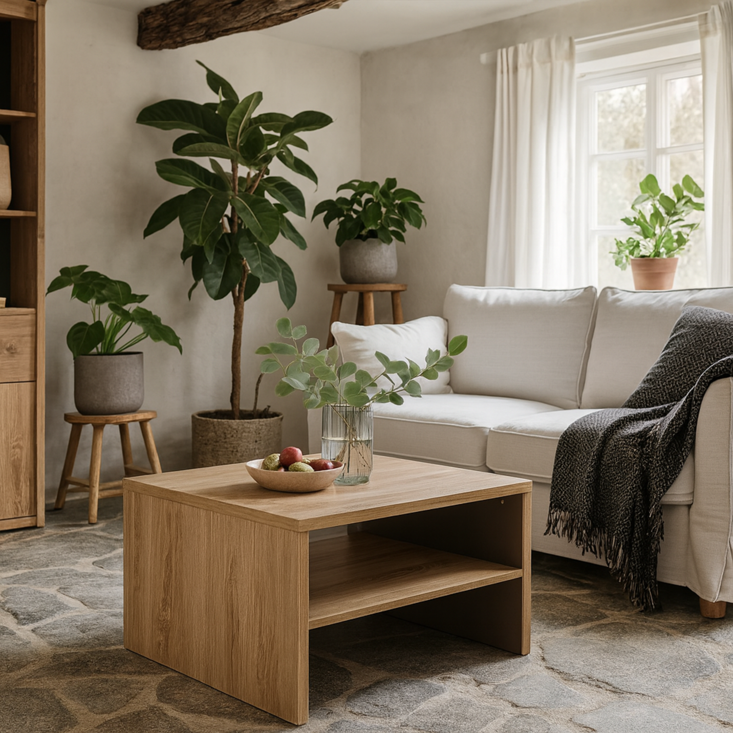 Athens Natural Square Coffee Table with Shelf - Natural