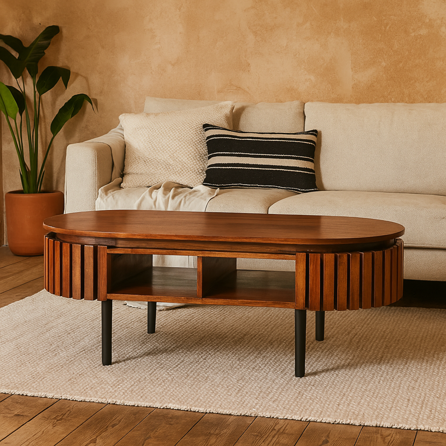 Birmingham Slatted Mango Wood Coffee Table with Storage Shelf - Brown