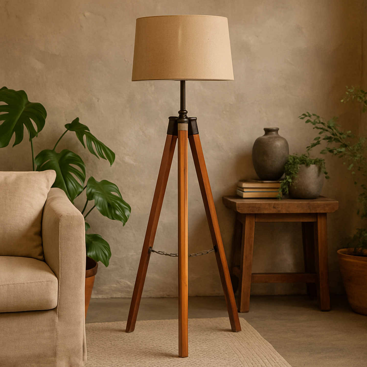 Phuket Teak Tripod Floor Lamp with Chrome Accents - Brown