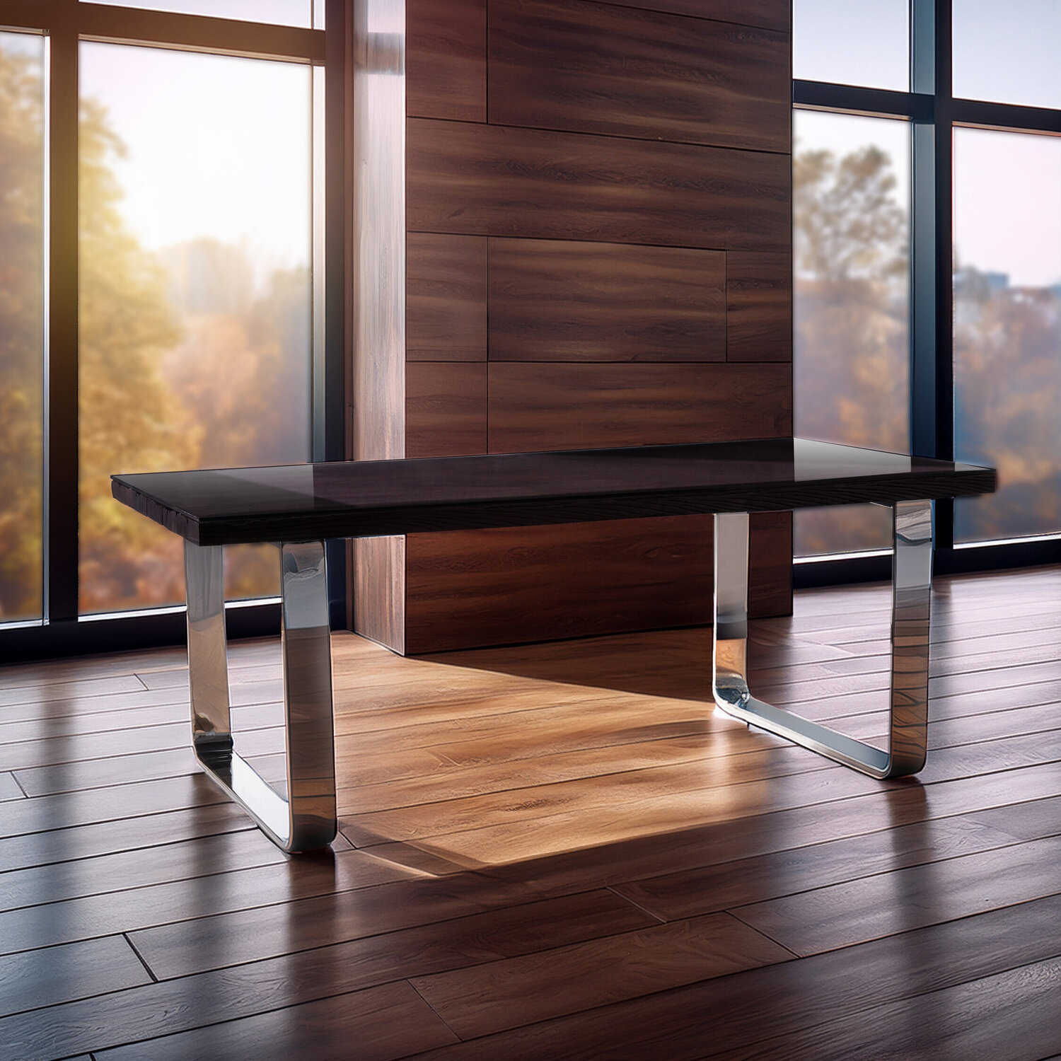 Kerala Large Black Pinewood and Glass Dining Table - Black