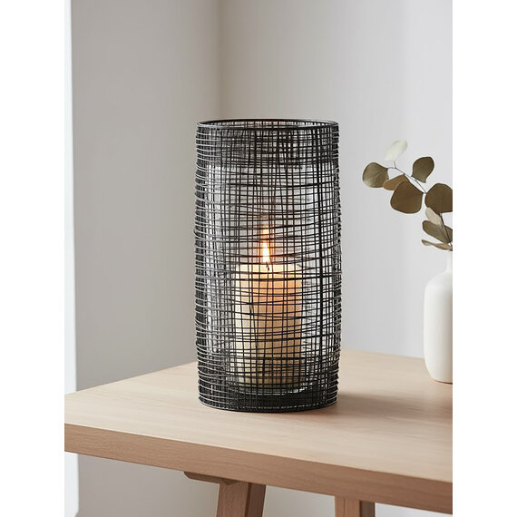Trento Large Black Woven Wire Candle Holder with Glass Insert