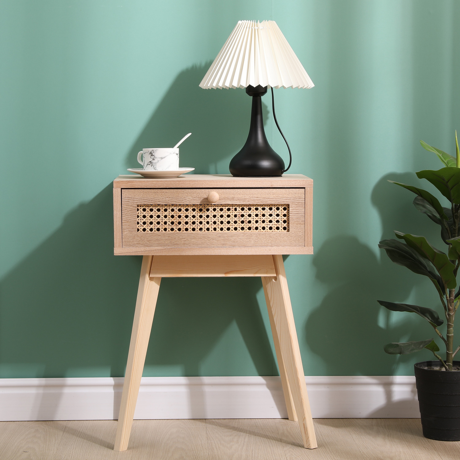 Rattan Cane Bedside Table - Natural