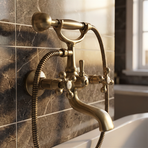 Elegant Antique Brass Bathroom Bath Tap with Ancient Retro Heads + Shower Handle