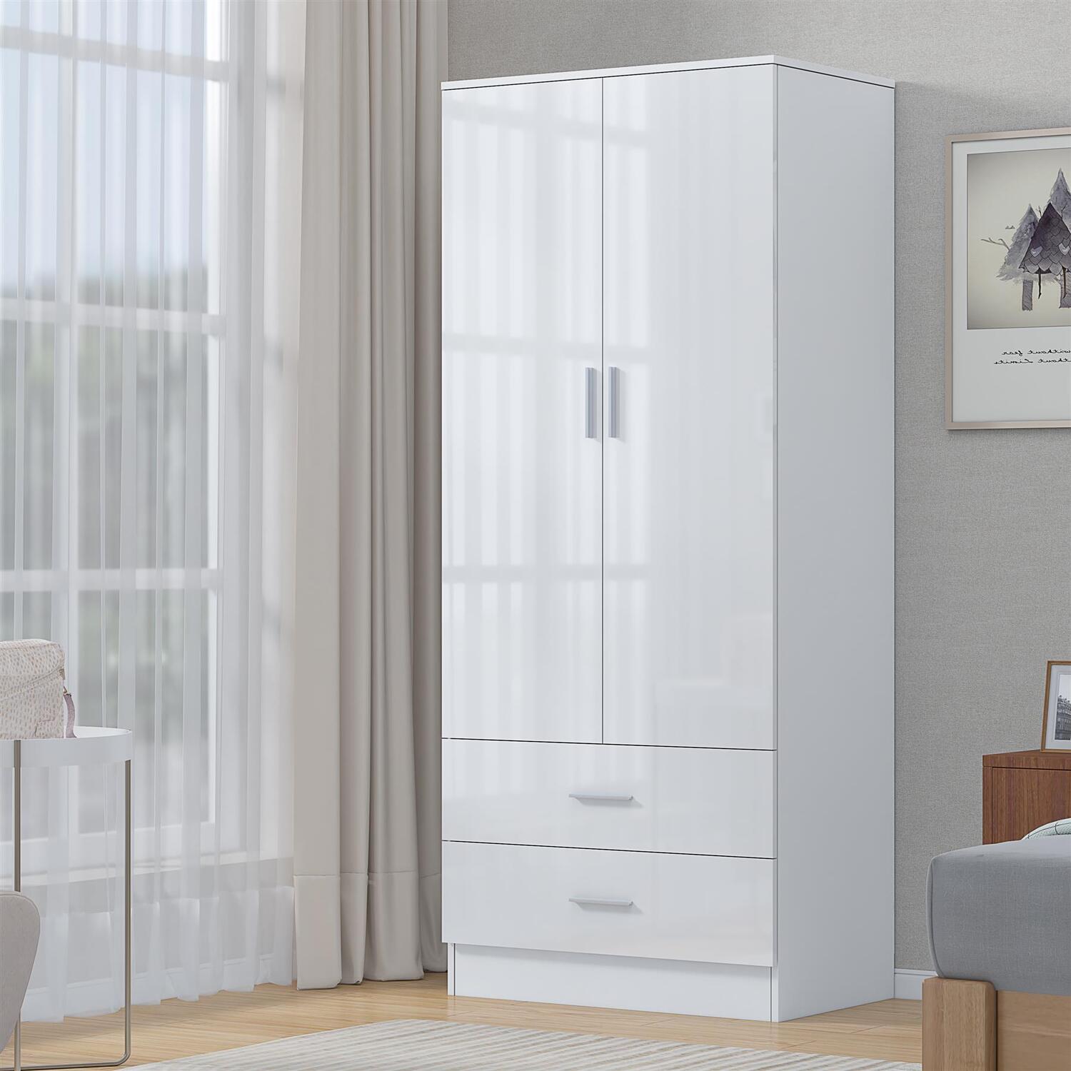 REFLECT 2 Door 2 Drawer Wardrobe - White Gloss Fronts & Matt White Carcass - Image 6