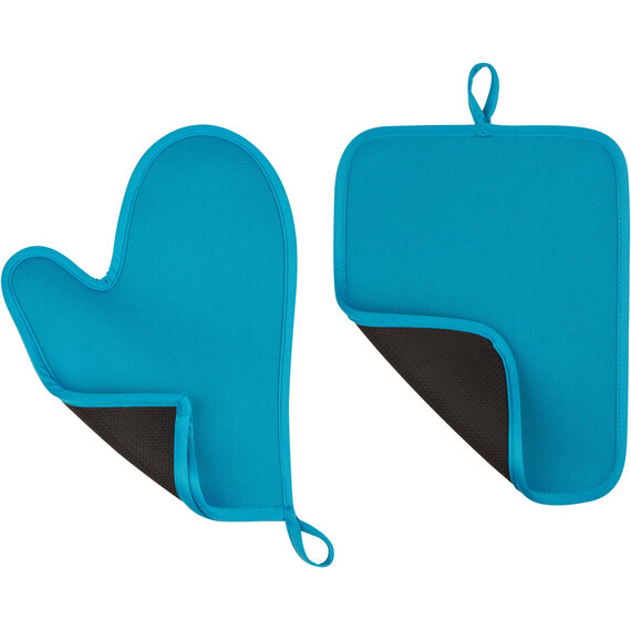 Blue Neoprene Oven Glove And Pot Holder Set