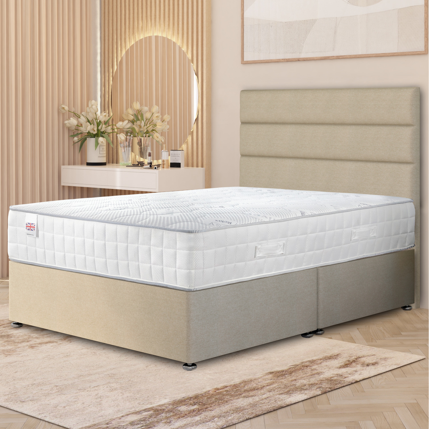 Horizona Tweed Divan Bed Set Pocket Spring Mattress 54 Floor Standing Headboard - Natural Super King 86kg