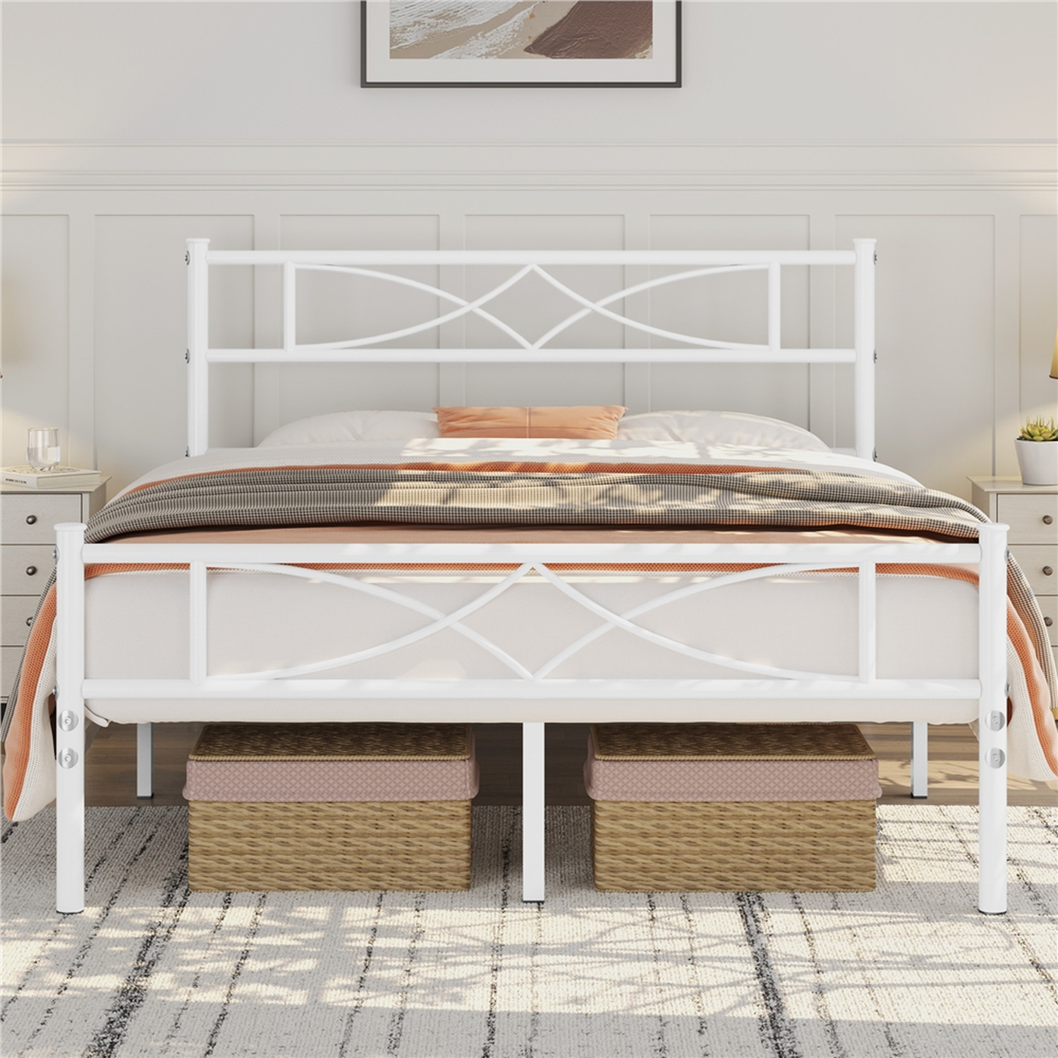 Metal Bed Frame With Curved Design - White Double