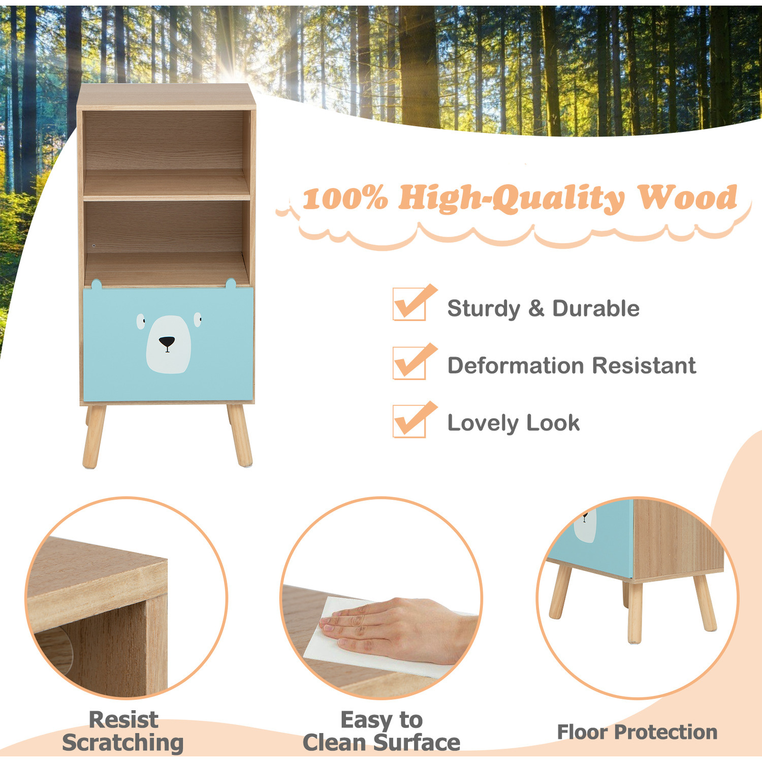 Costway 3-tier Kids Storage Shelf Wood Bookcase - Natural