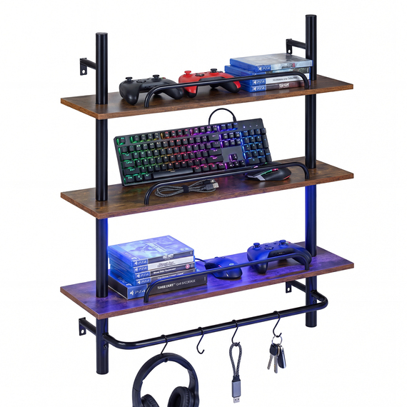 3-Tier Industrial Pipe Shelving with LED Lights