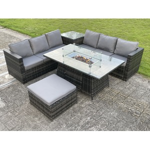 Rattan 7 Seater Gas Fire Pit Corner Dining Set Stool