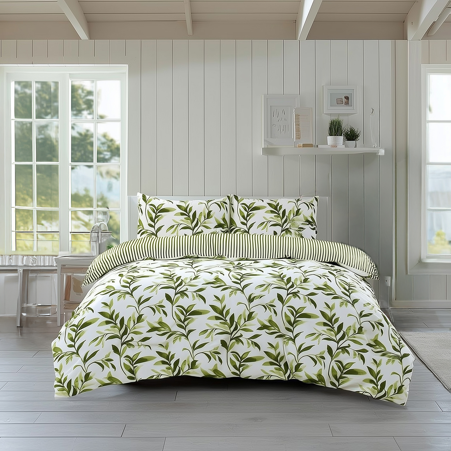 Snug City Duvet Cover & Pillowcase Set Reversible Leaf & Stripe Design Polycotton Bed Linen in Green | Size: Single