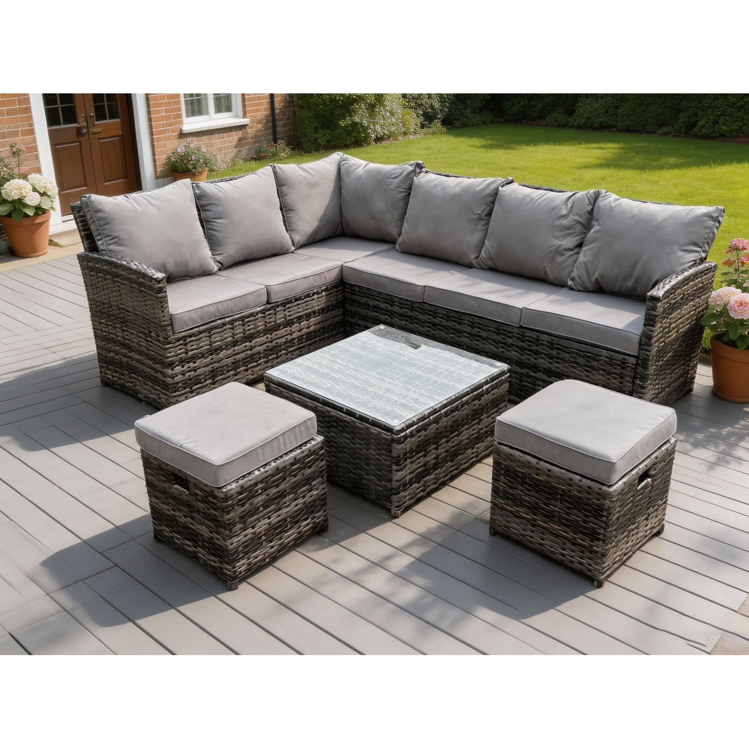 B&Q - High Back Dark Mixed Grey Rattan Corner Sofa Set Outdoor Furniture Square Coffee Table 2 Small Footstools 8 Seater - Image 2
