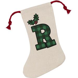 Green Tartan Alphabet Letter R Stocking - Novelty Xmas Gift - Linen-Style With Red Drawstring Ties