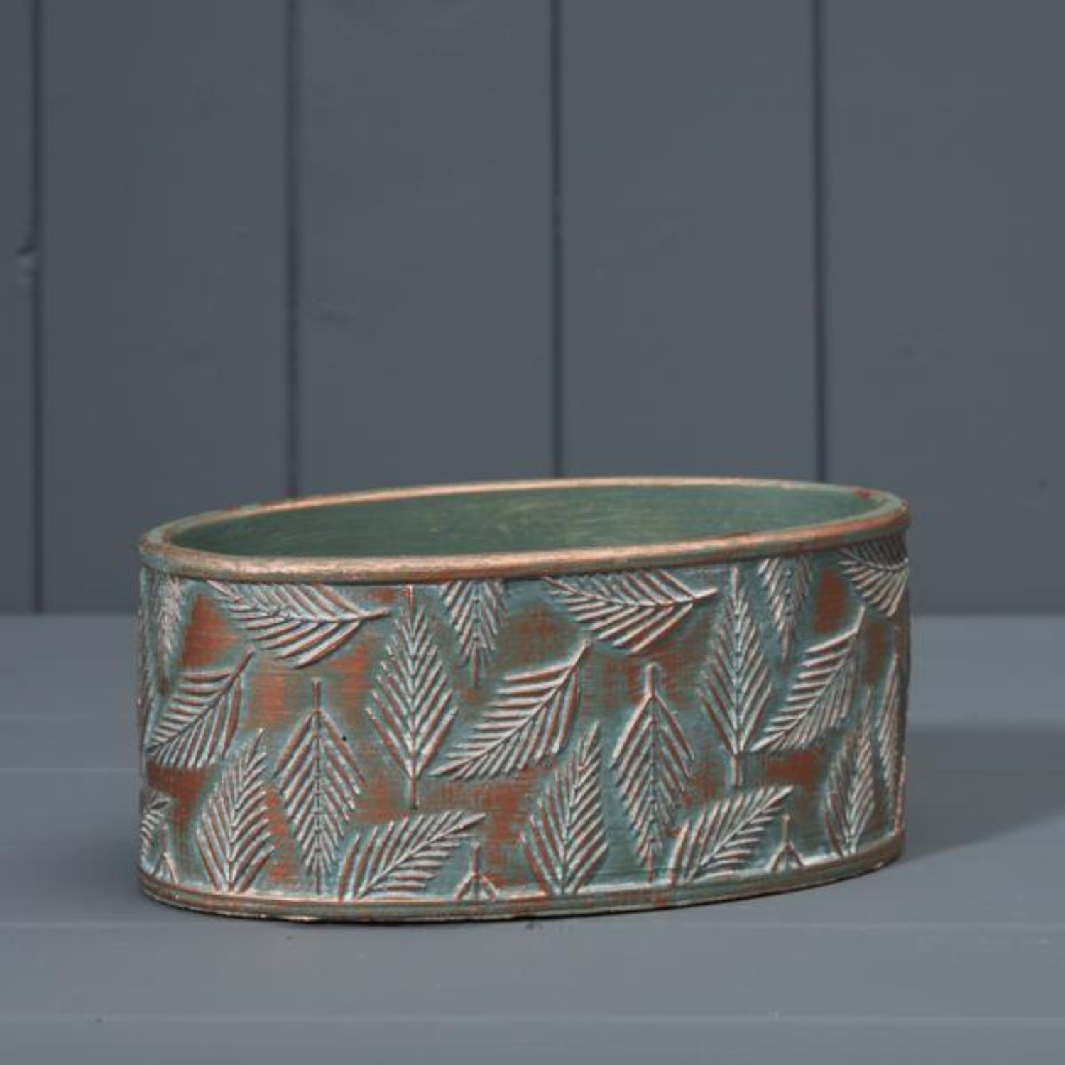  - Green And Copper Wash Cement Oval Planter - Image 3