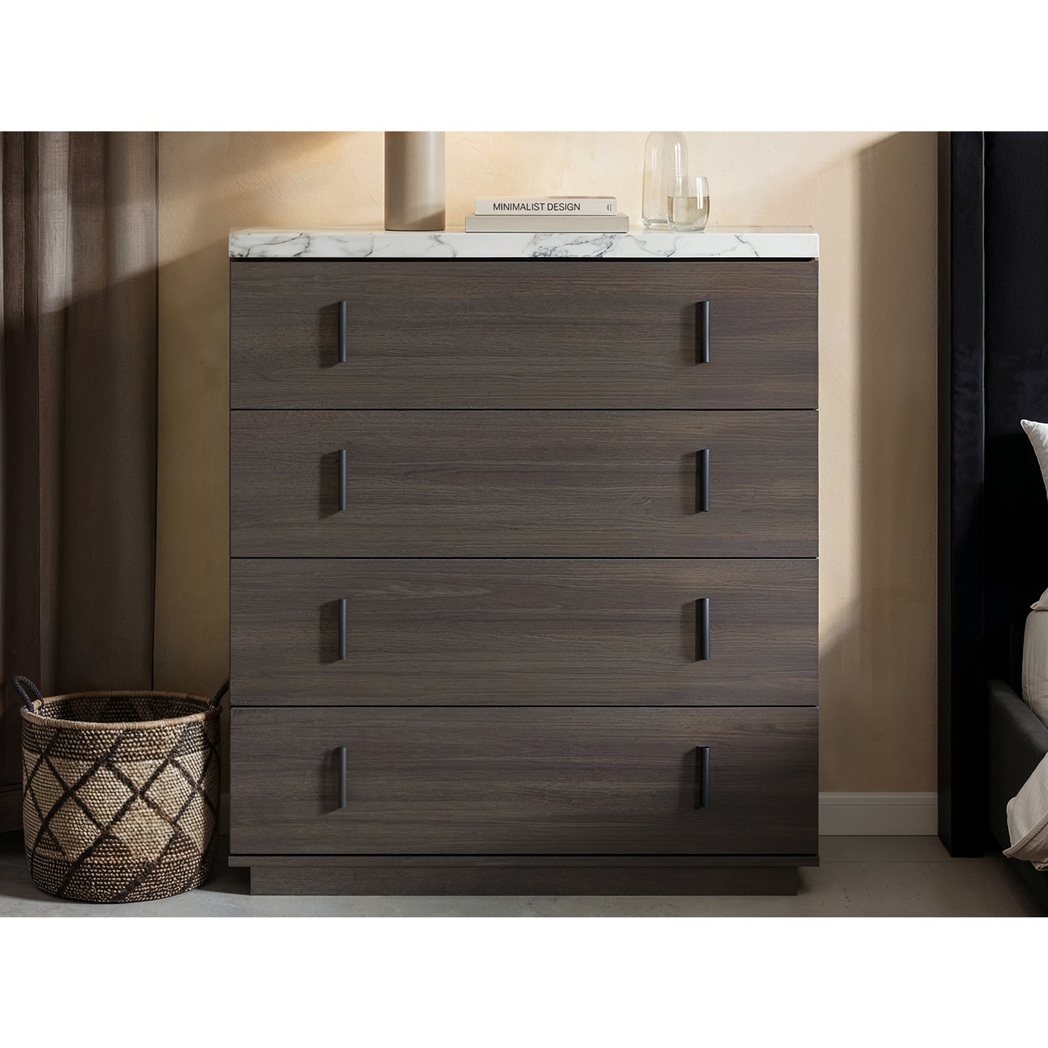 Solace+Co Marcel Chest Of 4 Drawers With Marble Effect Top - Walnut