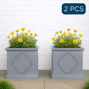 2x45cm Planter, Grey Reinforced Stone Square Garden Planter, Faux Lead Outdoor Large Plant Pot
