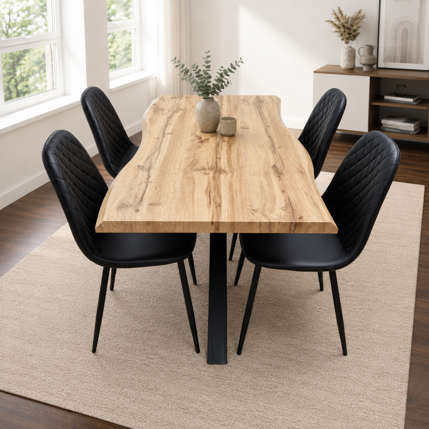 Kosy Koala Unisex Brown Modern Dining Table W/ 4 Black Gem Pattern Faux Leather Chairs In - Image 2