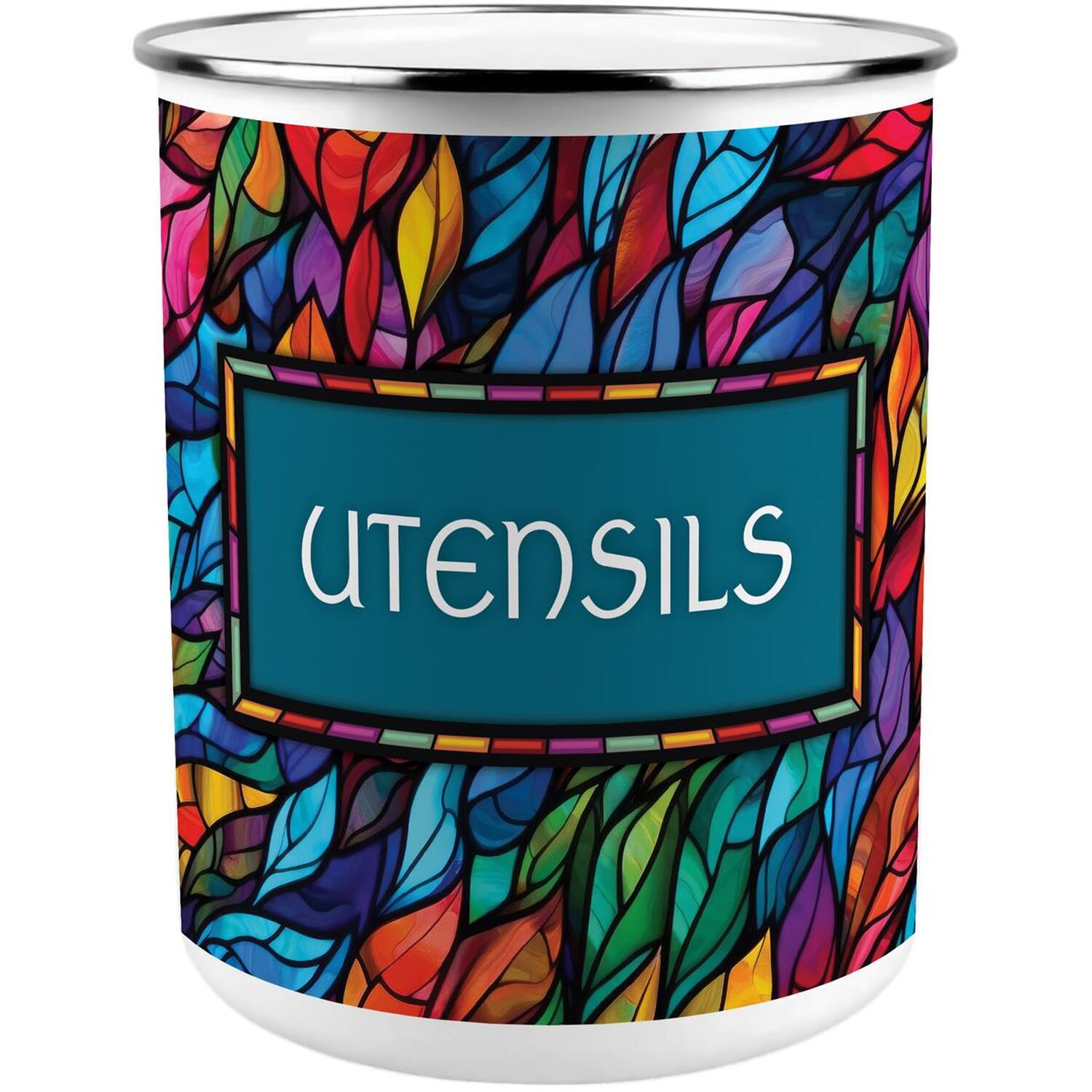 Purely Home Stained Glass Patterned Metal Utensil Holder - XL Kitchen Utensil Pot/Organiser for Countertop Decor Gift 18x16.5cm - Image 2