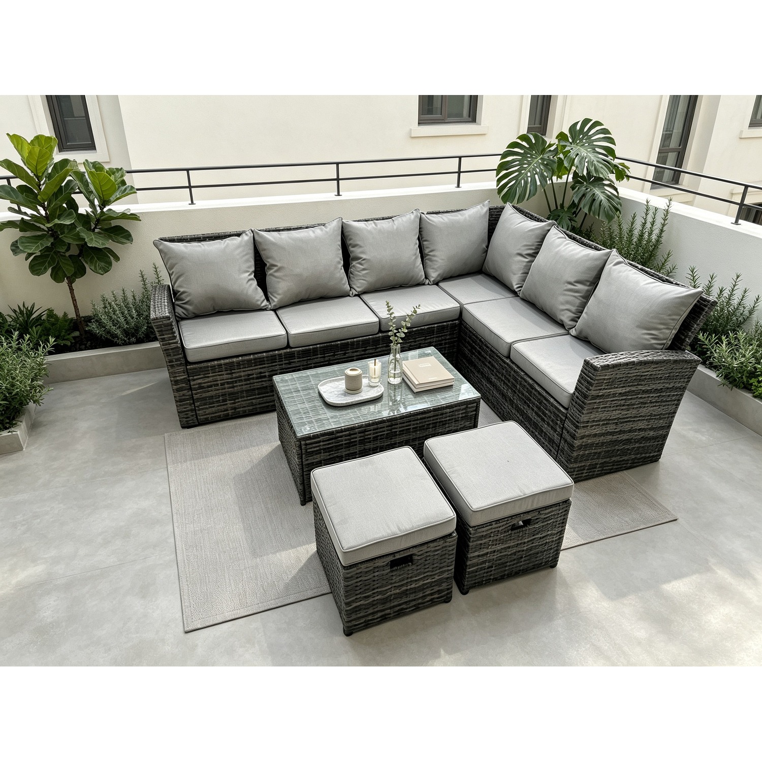 B&Q - 8 Seater High Back Rattan Garden Furniture Set Corner Sofa With Oblong Coffee Table Stools - Image 2
