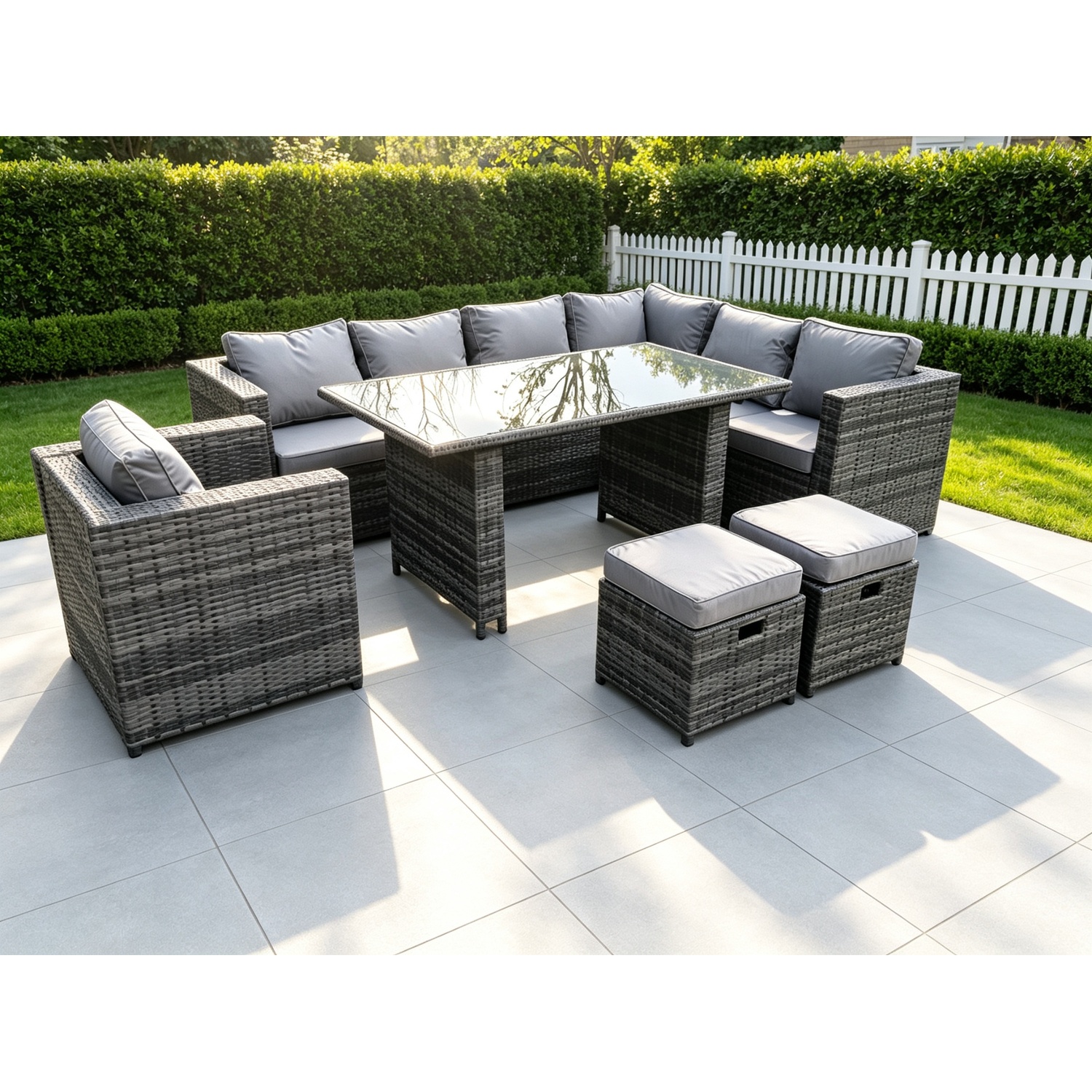 Fimous Unisex Dark Grey Seater Outdoor Lounge Rattan Corner Sofa Set Garden Furniture Rectangular Dining Table Chair In Size 8 - Image 2