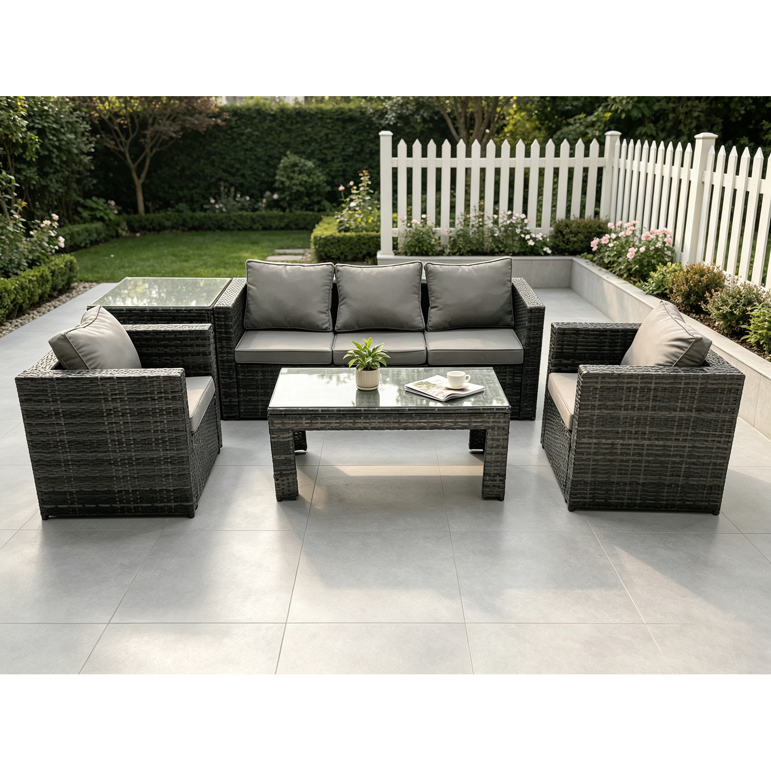 Fimous Unisex Dark Grey Lounge Rattan Sofa Set Outdoor Garden Furniture Oblong Rectangular Coffee Table In Size 1 - Image 2