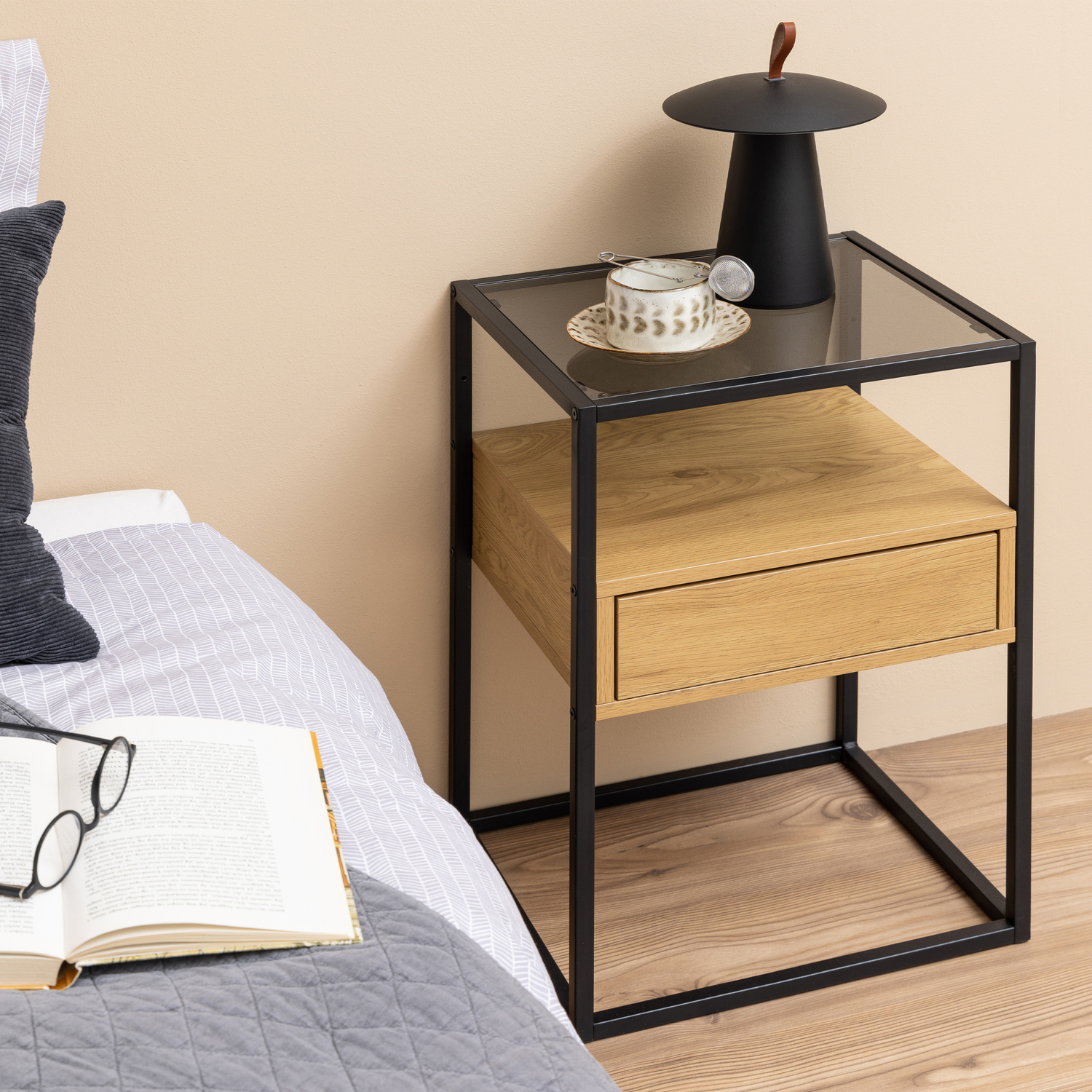 Actona Randolf Bedside Table - 1 Drawer, Black and Oak, Smoked Glass Top, Steel Frame - Image 5