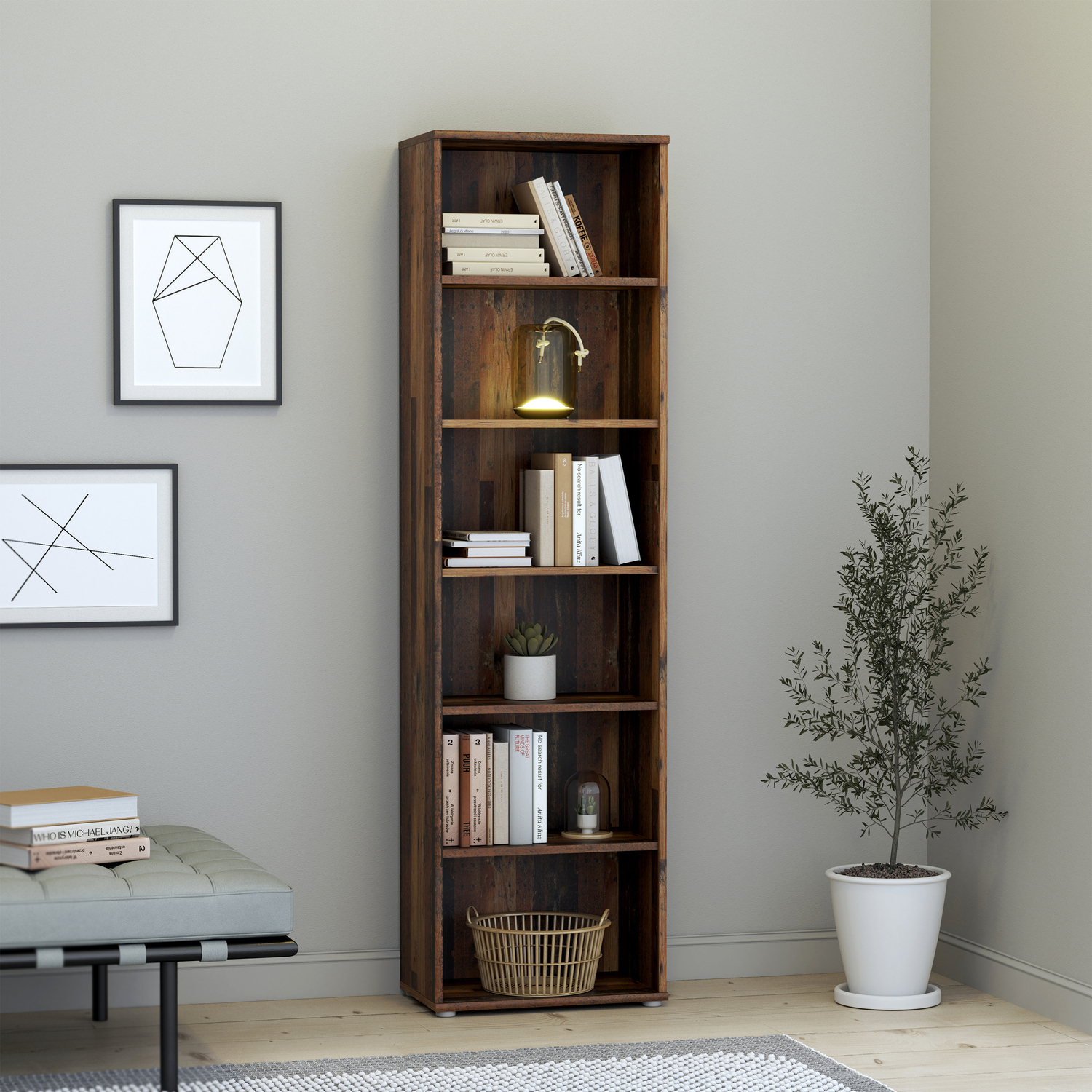 Rackhams Grain Essential Narrow 5 Shelf Bookcase In Vintage Oak - Vintage Oak - Wood - 1 - Image 5