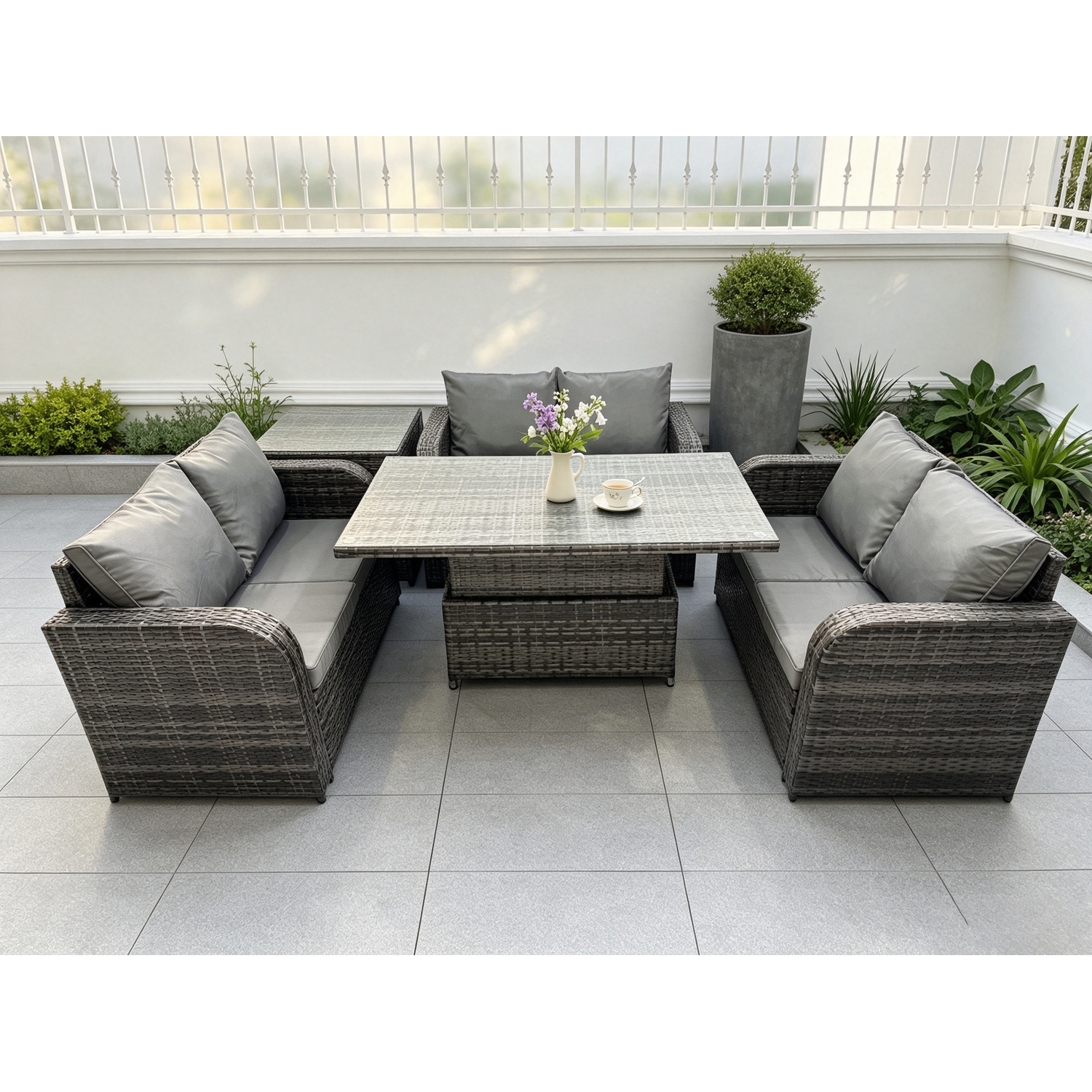 Fimous Dark/Grey Outdoor Rattan Furniture Garden Dining Set Height Adjustable Rising Lifting Table With 3 Pc Love Sofa Side Table - Image 2