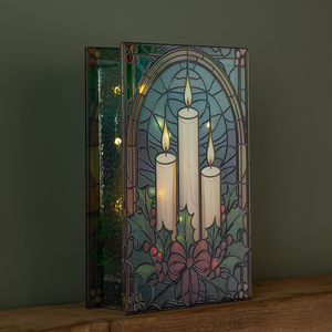 21cm Battery Operated Stained Glass Christmas Decoration with Candles and Holly, 50 Warm White LEDs