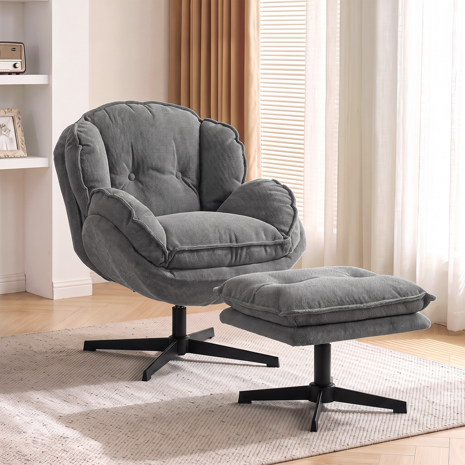 Homcom Grey Armchair With Adjustable Footstool, 360° Swivel Chenille Cloud Accent Chair With Thick Cushion, Steel Base, - Image 5